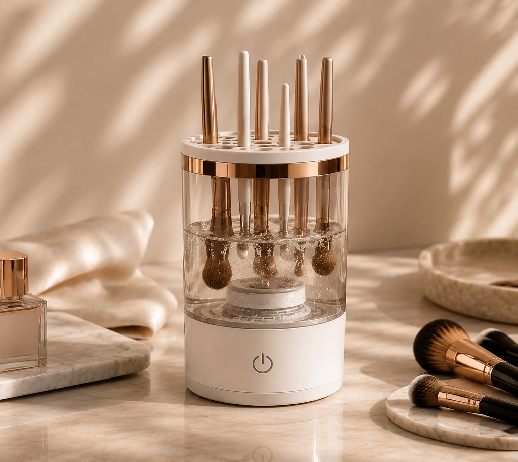 Velveet automatic makeup brush cleaner on a vanity