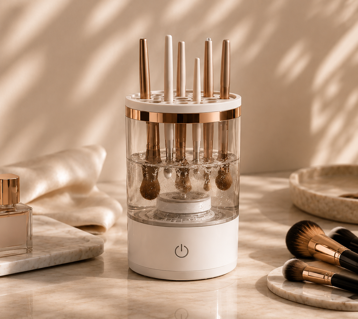 Velveet automatic makeup brush cleaner on a vanity