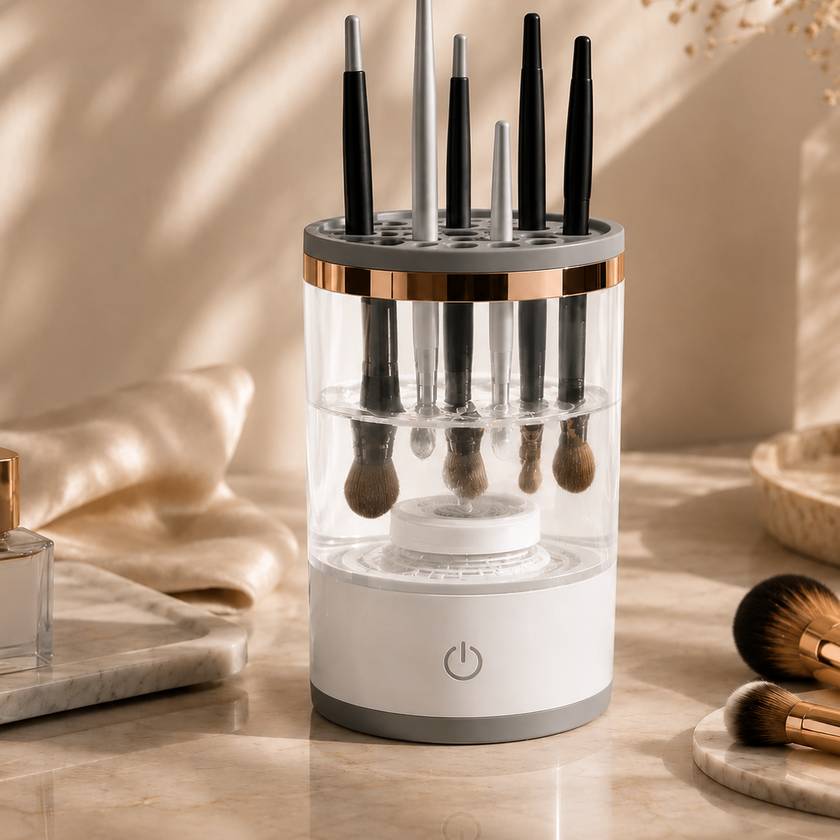 Velveet automatic makeup brush cleaner on a vanity