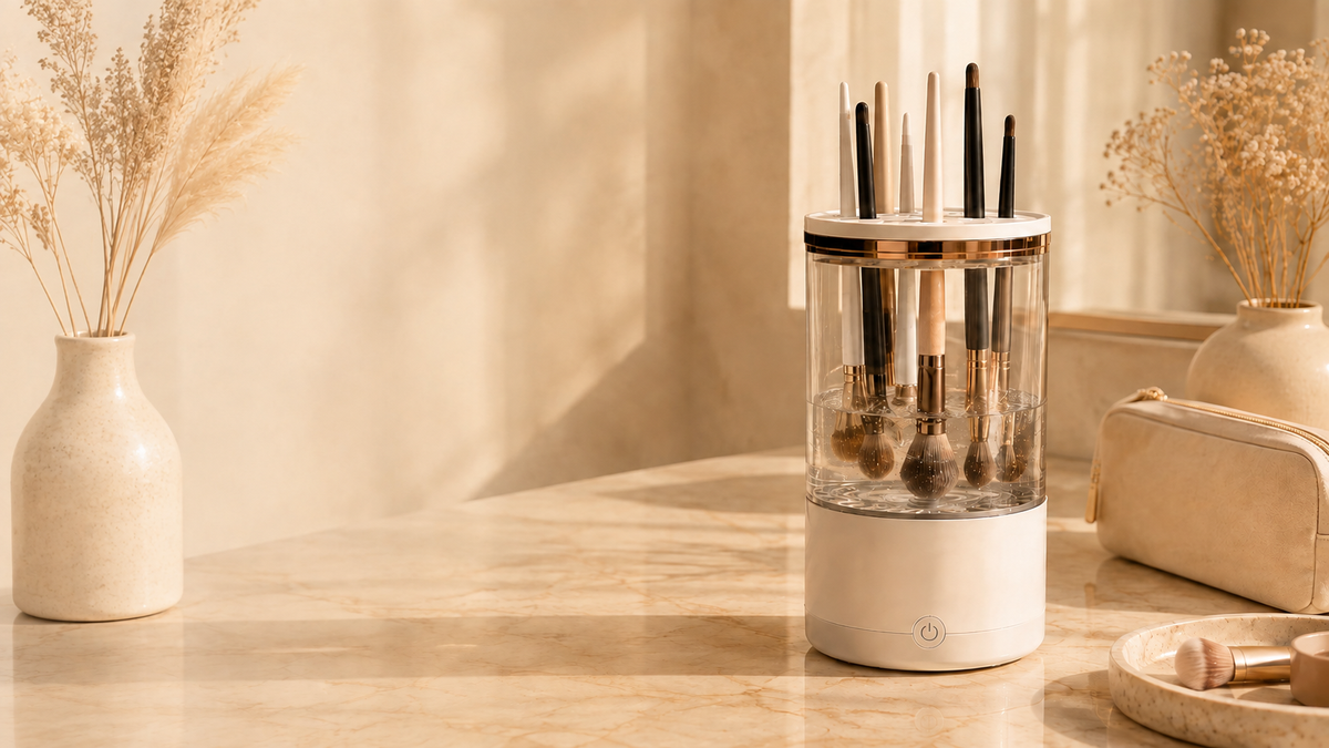 Velveet Automatic Makeup Brush Cleaner wide banner shot flanked by vases