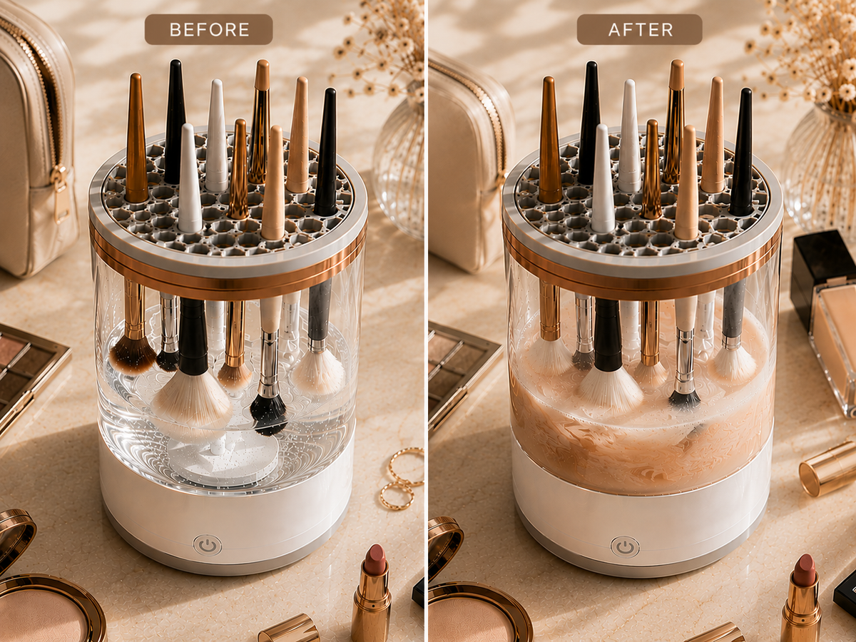Velveet automatic makeup brush cleaner on a vanity