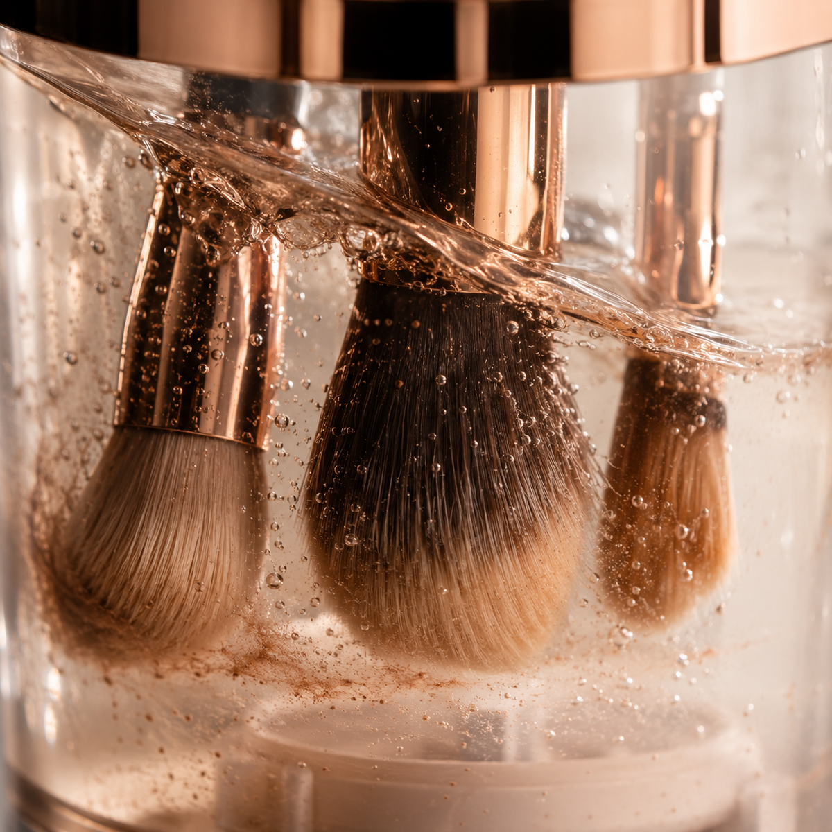 Velveet automatic makeup brush cleaner on a vanity