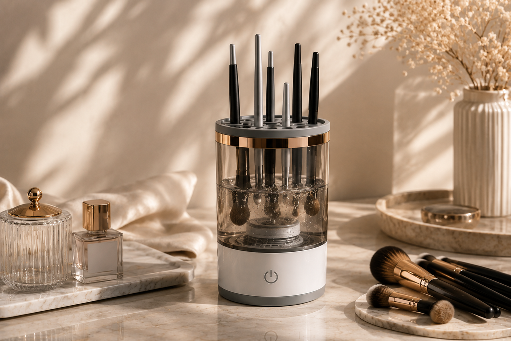 Velveet automatic makeup brush cleaner on a vanity