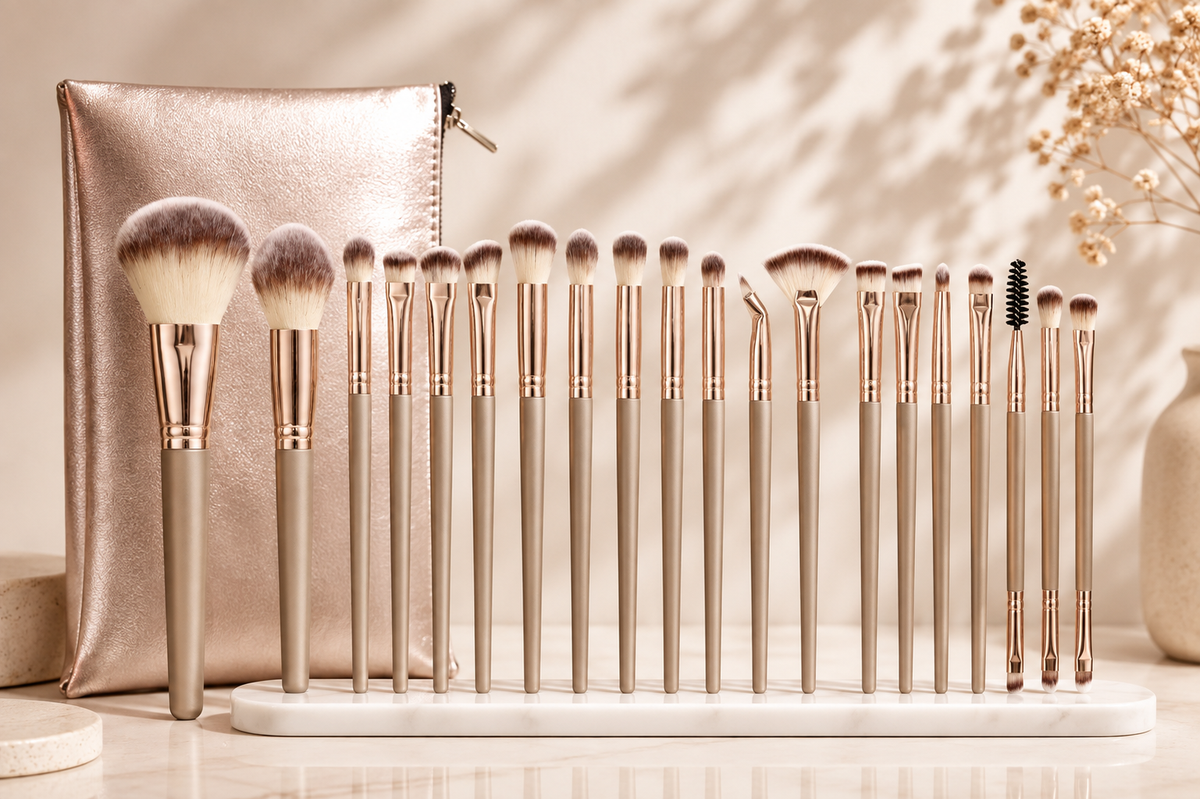 Velveet 20-Piece Makeup Brush Set in champagne gold with matching case