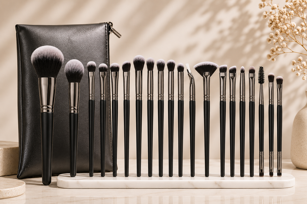 Velveet 20-Piece Makeup Brush Set in gunmetal black with matching black case