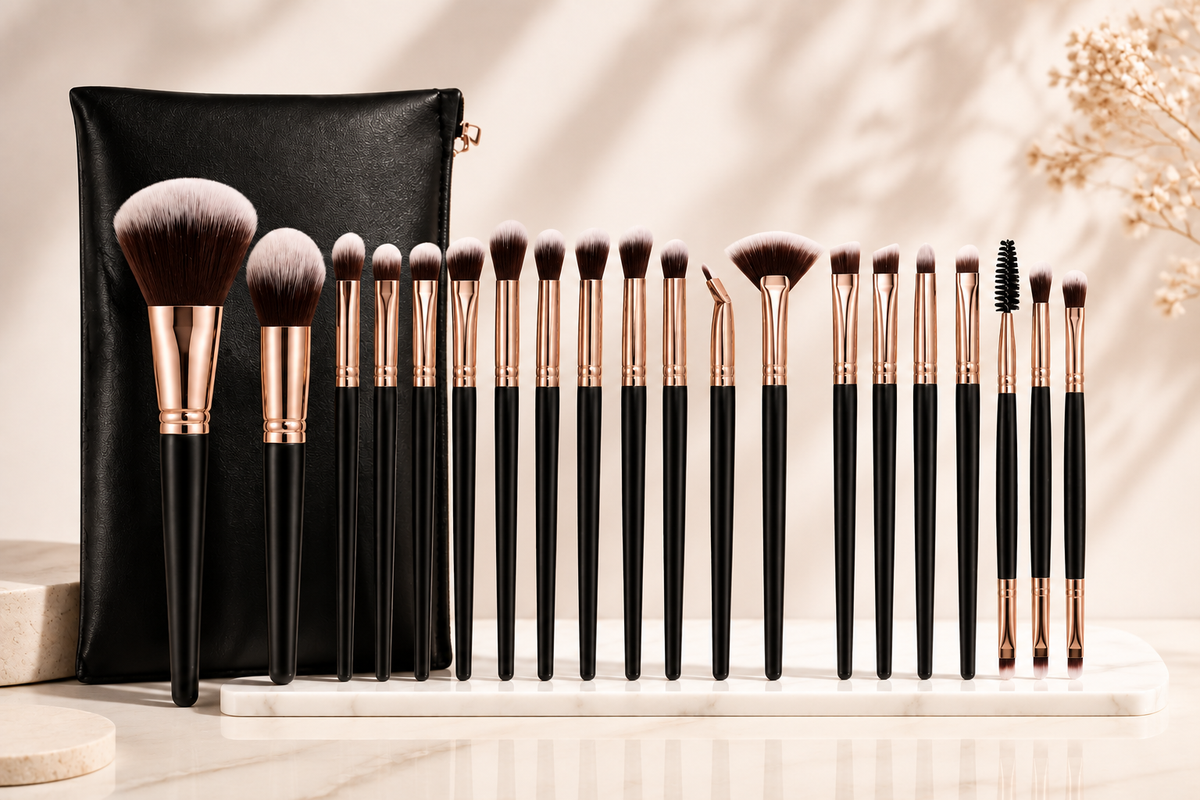 Velveet 20-Piece Makeup Brush Set in rose gold with matching black case
