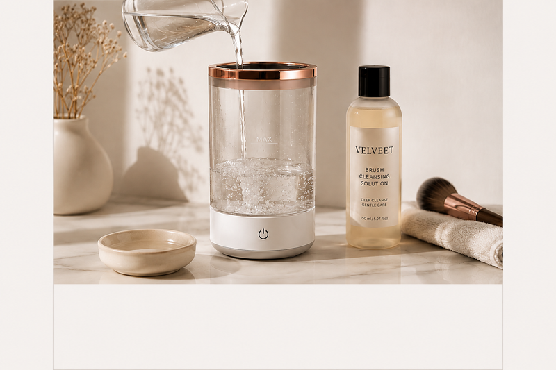 Step 1: Add water and cleanser to the Velveet Automatic Makeup Brush Cleaner