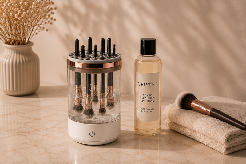Step 2: Place your brushes in the Velveet Automatic Makeup Brush Cleaner