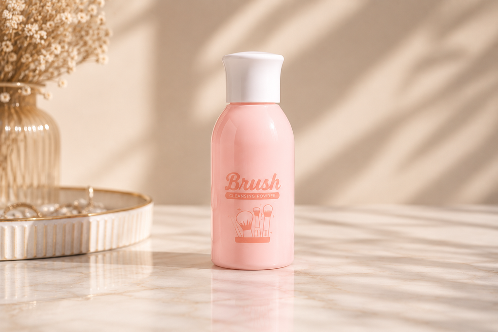 Velveet Brush Cleansing Powder bottle on a marble surface