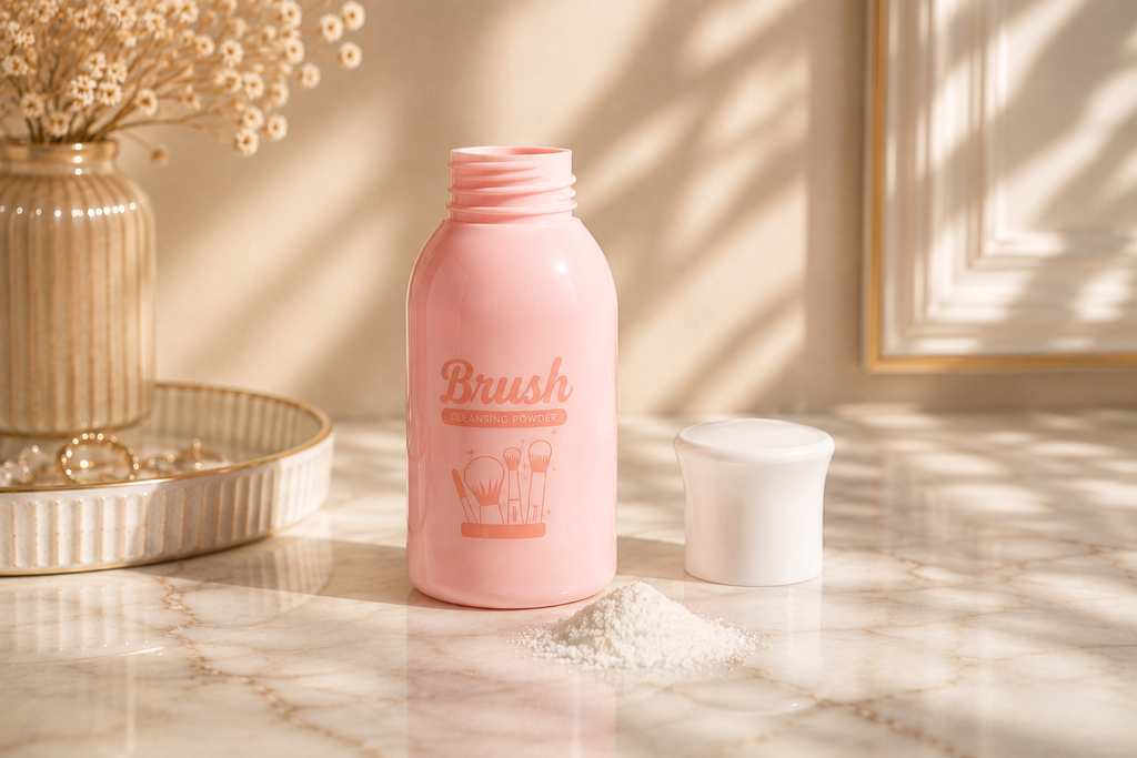 Velveet Brush Cleansing Powder bottle open with powder poured beside it