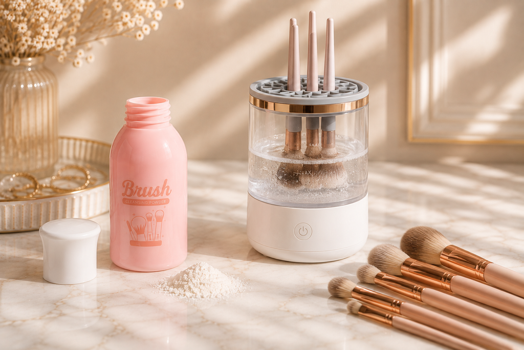 Velveet Brush Cleansing Powder bottle next to the Automatic Makeup Brush Cleaner with brushes